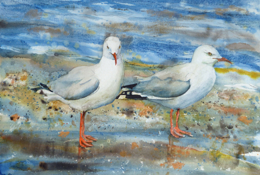 Gulls orange Feet inspired by sea gulls flying close to the Singer Island beach. Mixed media on 100% rag Arches; 22" x 15"; $750